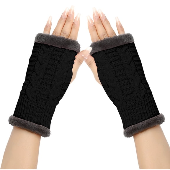 SHTXOZHI Fleece Lined Arm Warmers for Women Fingerless Knitted Gloves Winter Mittens with Thumb Hole