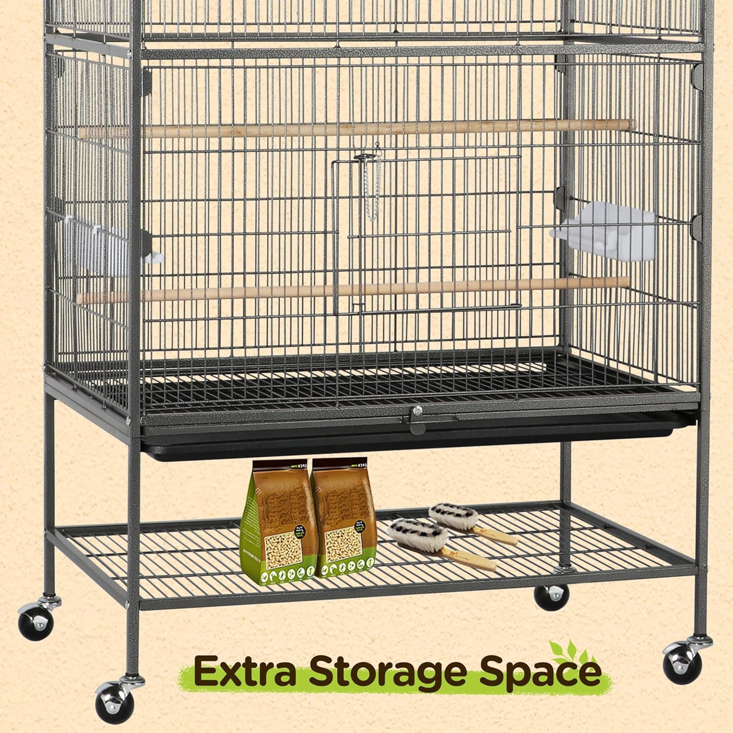 52'' Bird cage w/Perches & Feeders, Large Birdcage with Pull-Out Tray, Rolling Wheels, Extra Storage, Flight Cage for Cockatiel, Parrot, Parakeet, Conure, Budgie, Pigeon Small/Medium Birds