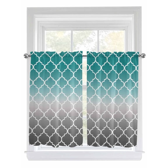 Tier Curtains 45 Inches Long, Teal Grey Ombre Morocco Pattern Window Treatment Curtain Drapes, Modern Moroccan Geometric Window Half Privacy Curtains for Bedroom Bathroom, 42"x45", 2 Panels