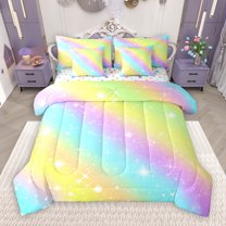 Manfei Colorful Fairy Tale 7-Piece Bedding Comforter Set,Rainbow Lines Striped King Bedding Sets,Gradinert Blue Yellow Pink Bed Sheets For Girl Teens,Ultra Soft Home Decor Reversible
