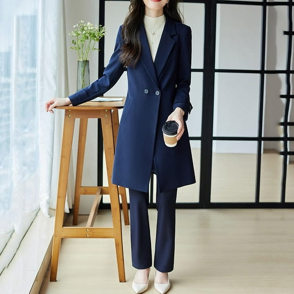 Navy Blue High quality formal 2 Piece Long Coat Pant Suit Blazer Office Lady Uniform Design Women Business Jacket with Trouser