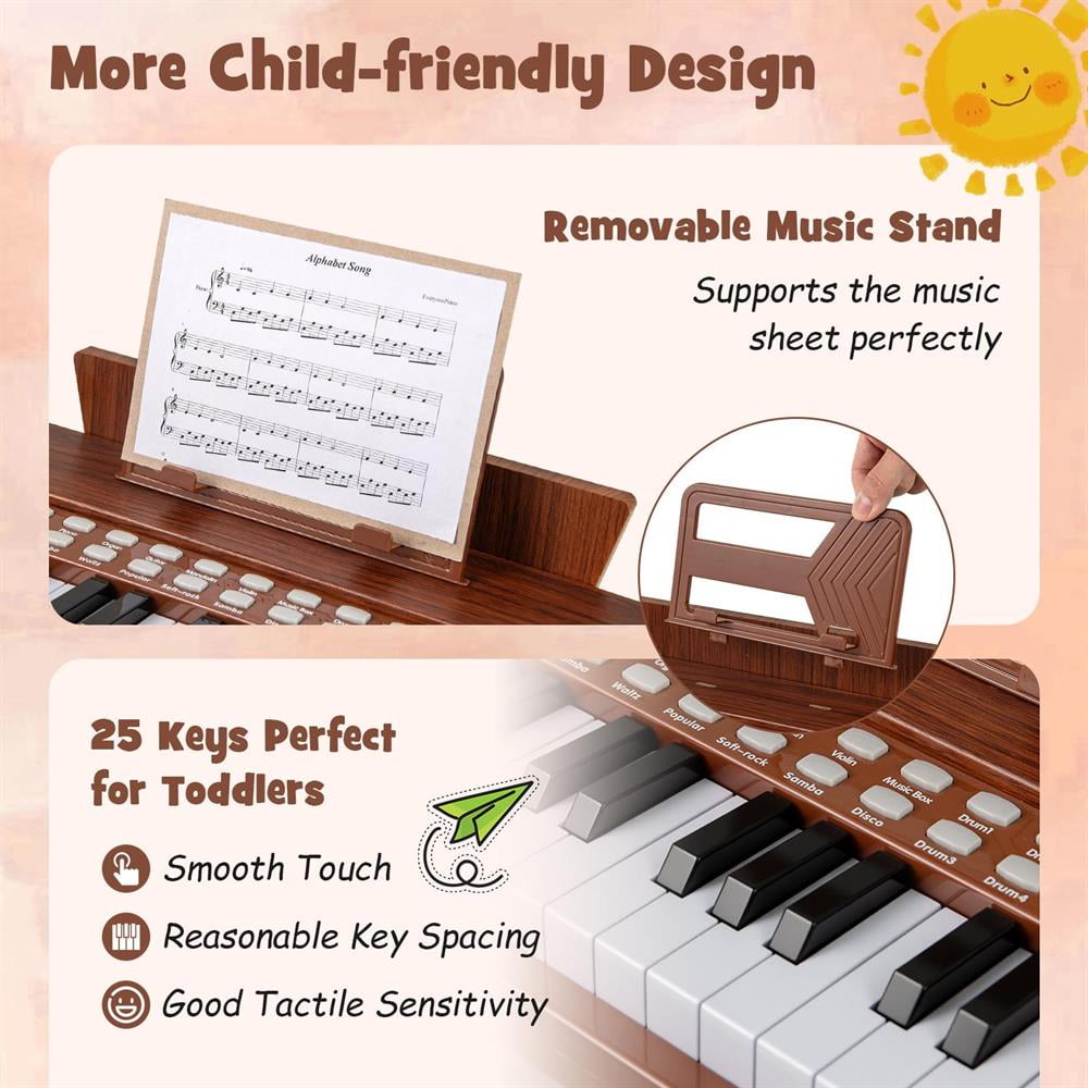 Topcobe 25 Keys Kids Piano Keyboard with Adjustable Speed and Volume, Keyboard Piano, Music Keyboard-Brown
