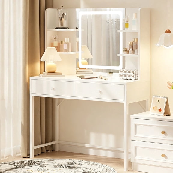 White Vanity Desk, Lofka Makeup Vanity with Mirror and Lights, Dressing Table with 3 Color Modes & Adjustable Brightness for Bedroom