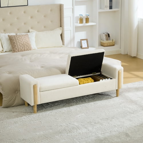 65.67" Wide Modern Upholstered Storage Bench with Double Lids and Armrest, Chenille Fabric, Rubberwood Legs, for Living Room, Entryway, Bedroom, Dormitory, Beige