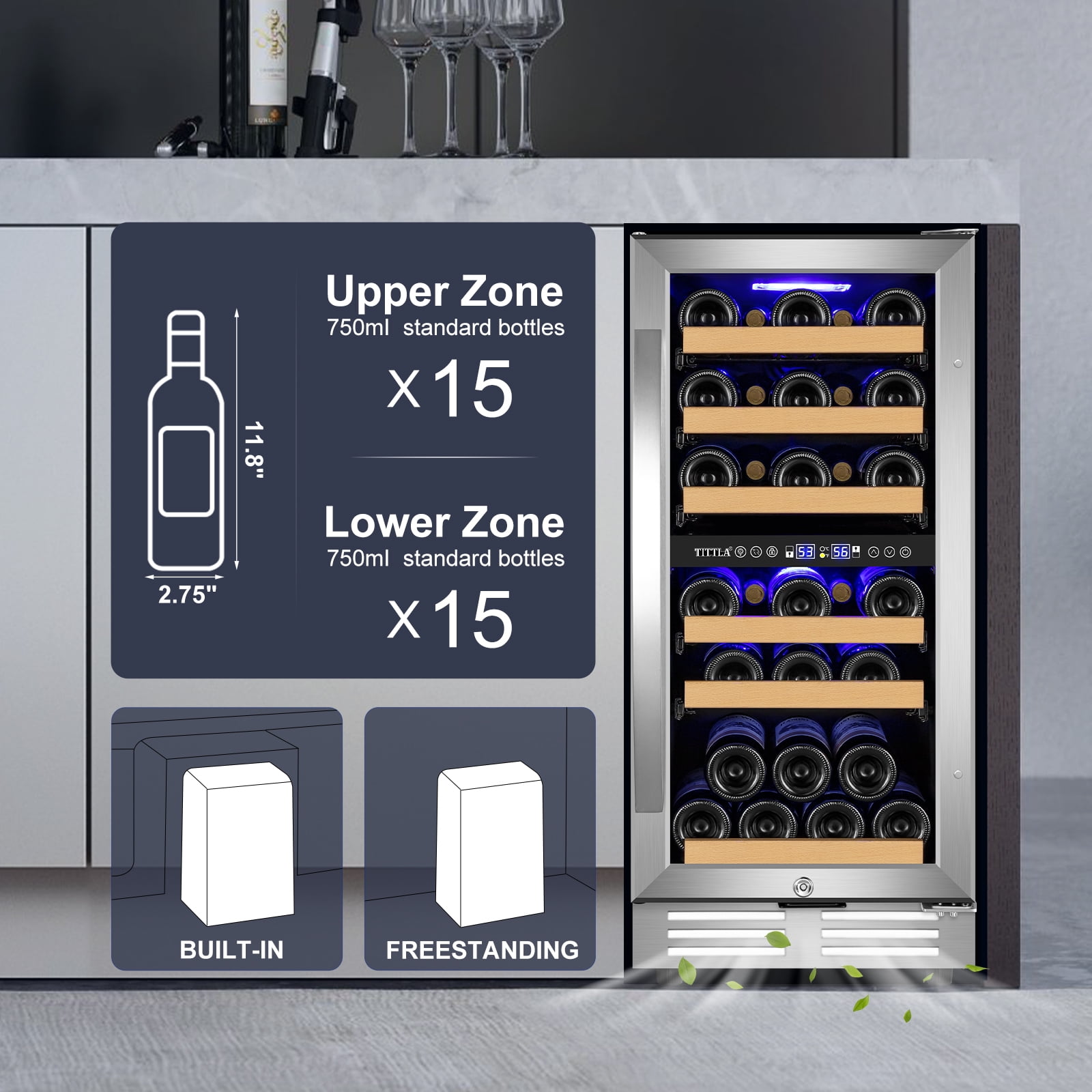 Tittla 15 Inch Wine Refrigerator,Under Counter 30 Bottle Wine Cooler,Dual Zone Fast Cooling, Low Noise