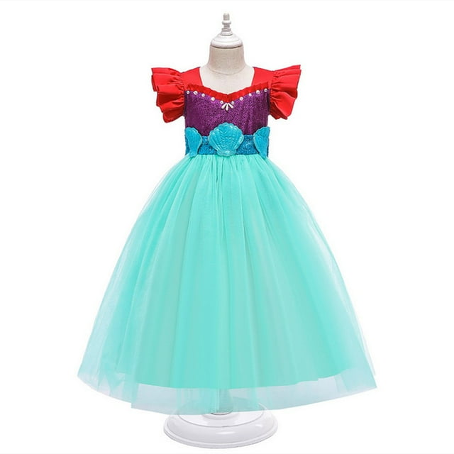 HAWEE Mermaid Dress for Girl Lace Tulle Short Flying Sleeves Outfits Princess Ariel Sequin Fancy Back Bow Costumes
