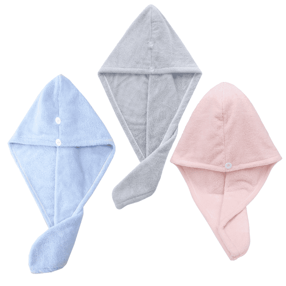 3-Pack Microfiber Hair Towel Turbans – Anti-Frizz Wet Hair Drying Wraps for Curly Hair Women – Blue, Grey, Pink