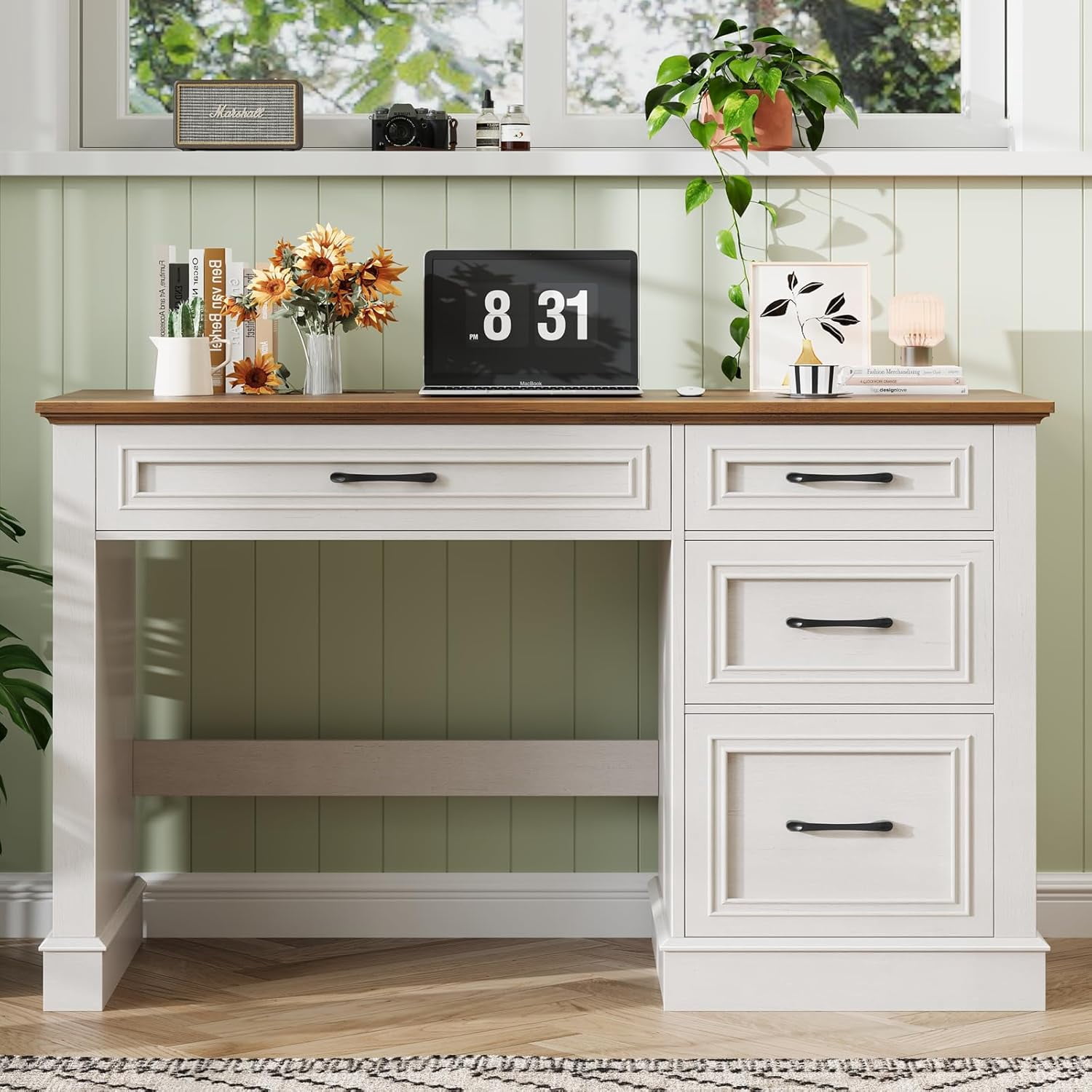 Farmhouse 47" Executive Desk with File Drawer, Computer Desk with 4 Drawers, Workstation for Study, Home Office, Writing, Unique White.