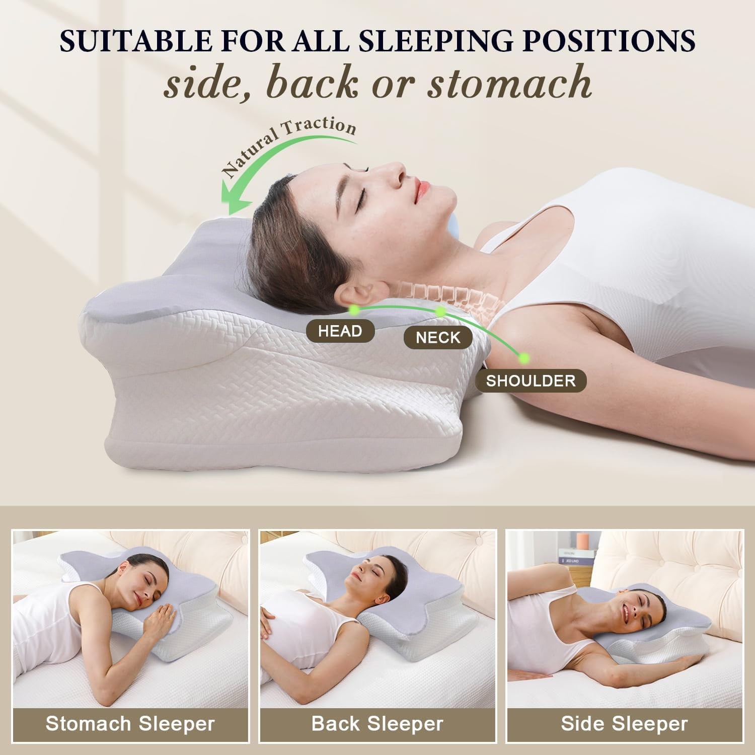 Cervical Pillow for Neck Pain Relief - Ergonomic Contour Memory Foam Pillow for Side, Back & Stomach Sleepers, Cooling & Slow Rebound Support, Light Gray
