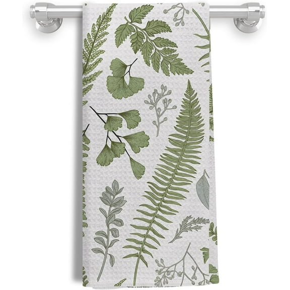 2Pcs Vintage Botanical Kitchen Towels, Dark Green Fern Leaf Herbs Dish Towels, Olive Hand Towels for Bathroom, Kitchen Decor, 16x24 Inches