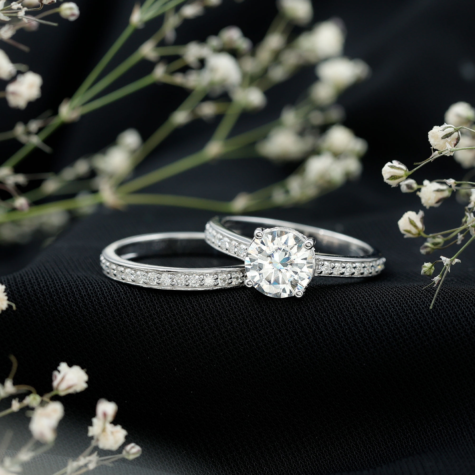 Rosec Jewels Lab Grown Diamond Wedding Engagement Ring Set for Women - 2 Carat Engagement Ring with Band - EF-VS Quality, 10K White Gold, US 7.00