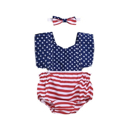 

QWERTYU Infant Baby Toddler Sleeveless Clothes Star Print Romper for Girl Summer with Headband Set Striped Bodysuits 3M-24M
