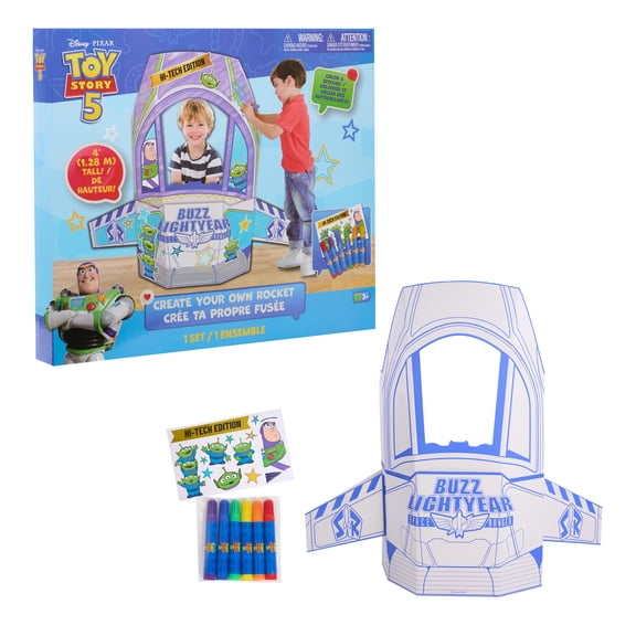 Disney and Pixar Toy Story 5 Rocket Ship Playset Cardboard Spaceship Craft Kit, Color Your Own Activity, Buzz Lightyear Alien Stickers, Kids Toy Ages 3 