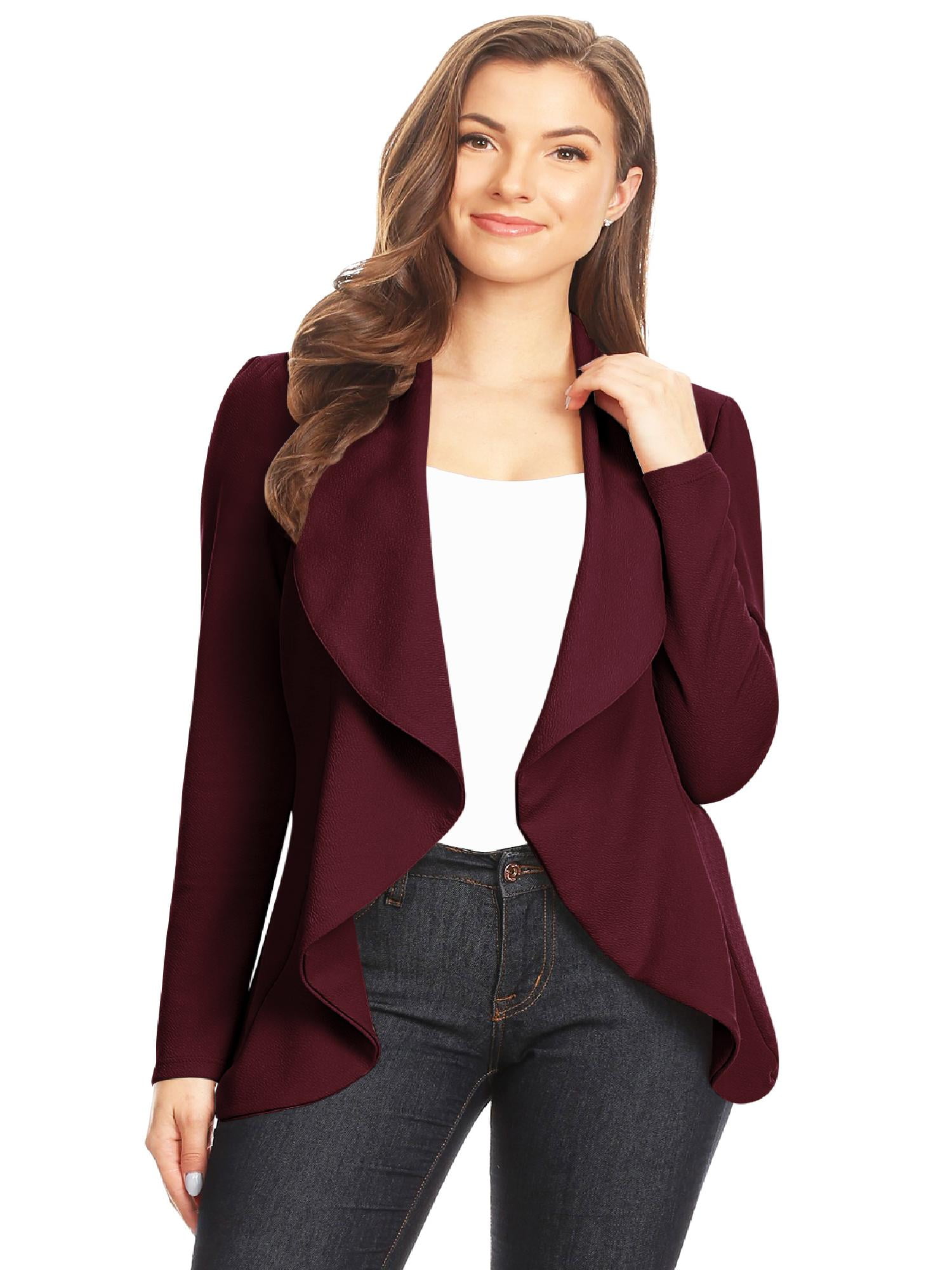 Womens Casual Work Office Long Sleeve Open Front Blazer Jacket with Plus Size Burgundy L 