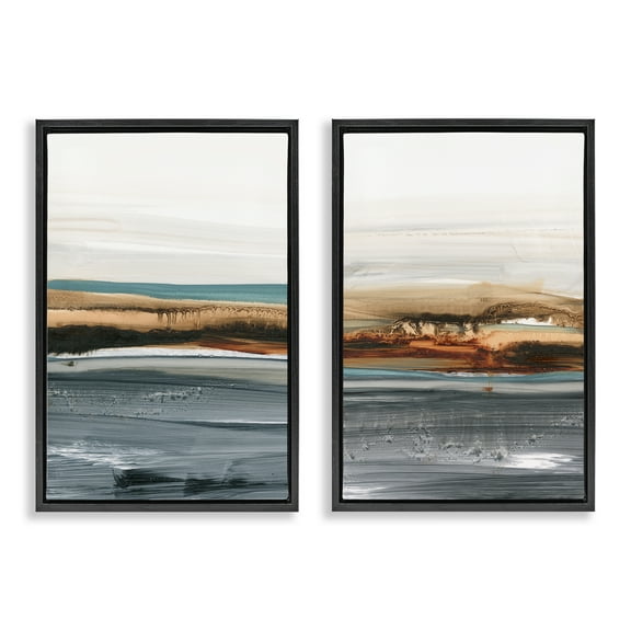 Stupell Industries Coastal Beach Impression Abstract Painting Black Floater Framed Canvas Art Print Wall Art, 17 x 25, Set of 2