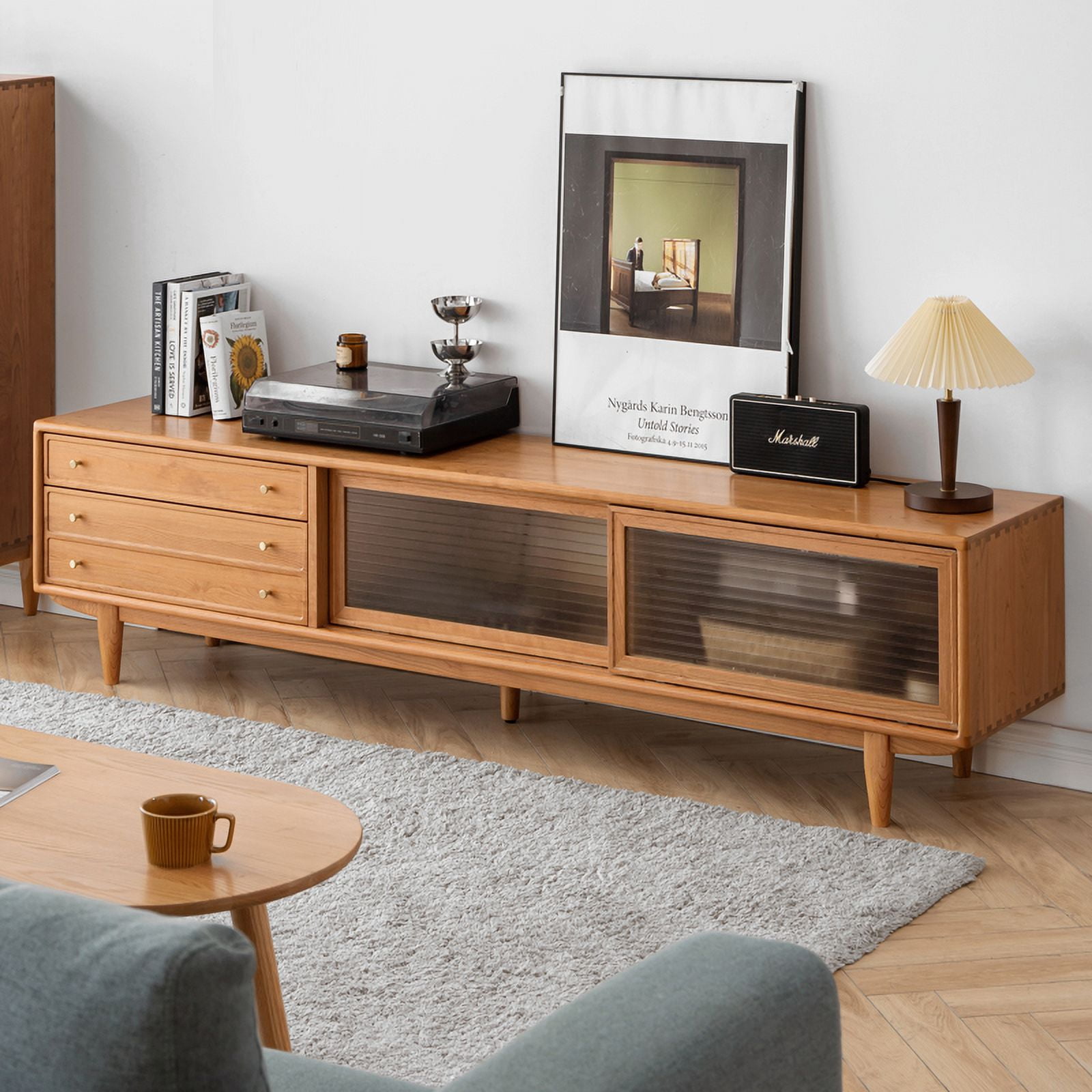 MAYEERTY Walnut Color Solid Red Oak TV Cabinet with Changhong Glass Doors – 70-79 Inches TV Stand