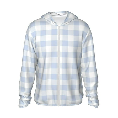 Sigee Blue Checkboard Print UPF50+ Men s Sun Protection Hoodie Shirt SPF UV Shirt Long Sleeve Fishing Outdoor Lightweight S-3XL