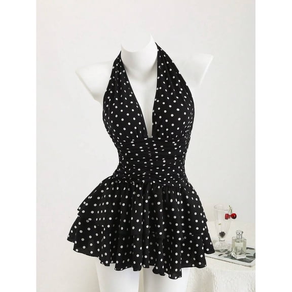 Black & White Polka Dot Deep V-Neck Halter Backless Fitted Mini Dress with Ruffle Hem