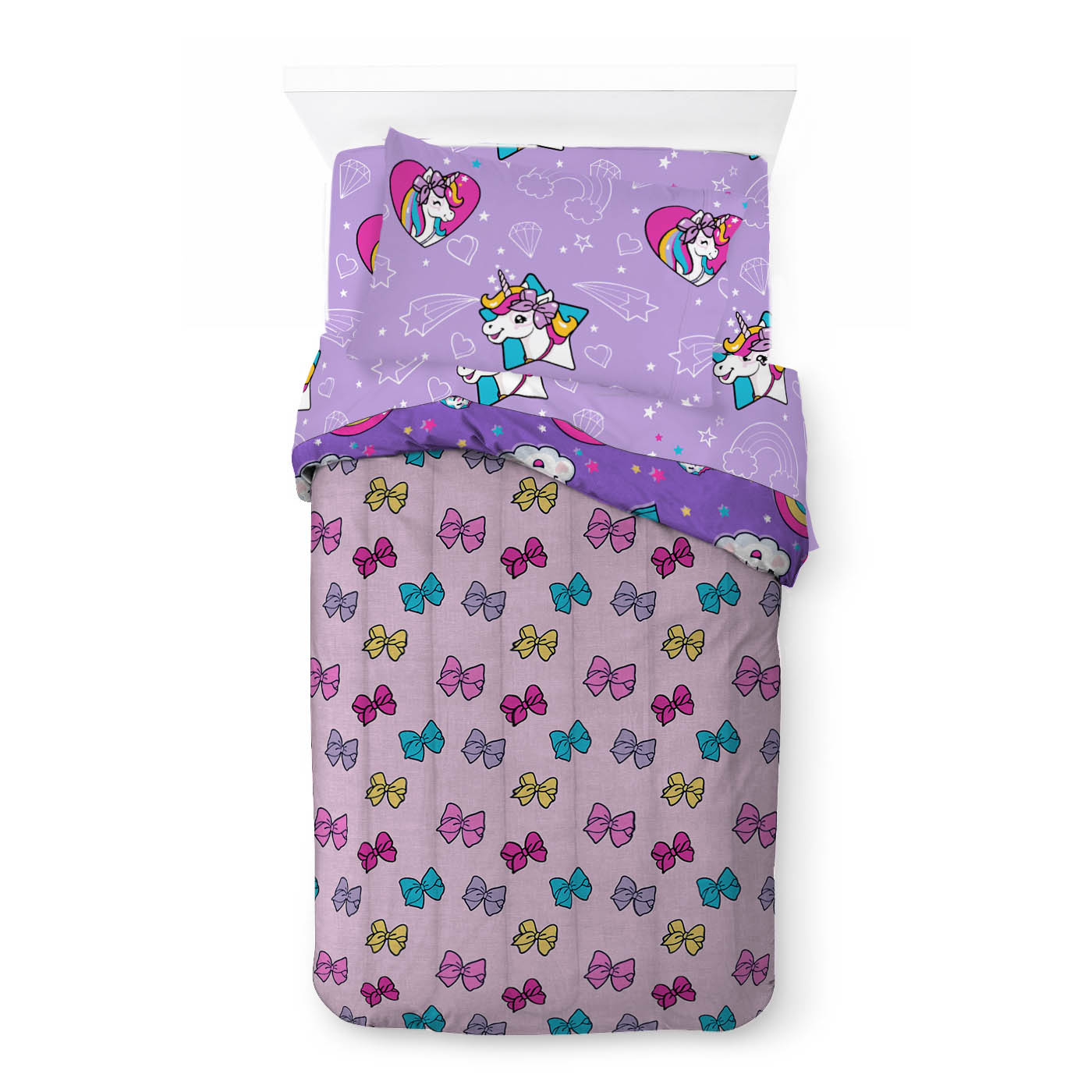 JoJo Siwa Rainbow Unicorn Bow Purple 5 Piece Full Bed Set W/Tote Bag, 100% Microfiber