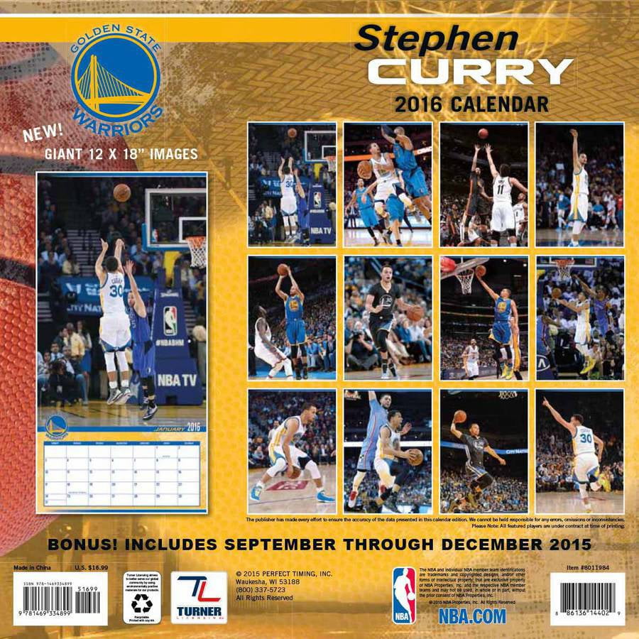 Turner Golden State Warriors Steph Curry 2016 12" x 12" Player Wall Calendar  - Walmart.com