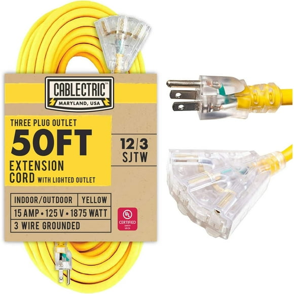 SHIQI-50 Ft Outdoor Extension Cord with 3 Outlet, 12/3 Weatherproof 50 ft Yellow Extension Cord with Multiple Lighted Outlets 3 Prong for Landscaping, Lawn Mower, & Major Electric Appliances
