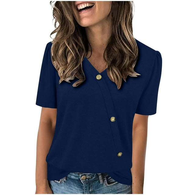 Tops de Color Sólido para las Mujeres, Botón de Cuello en V de Manga Corta, Top de Moda Casual para las Mujeres