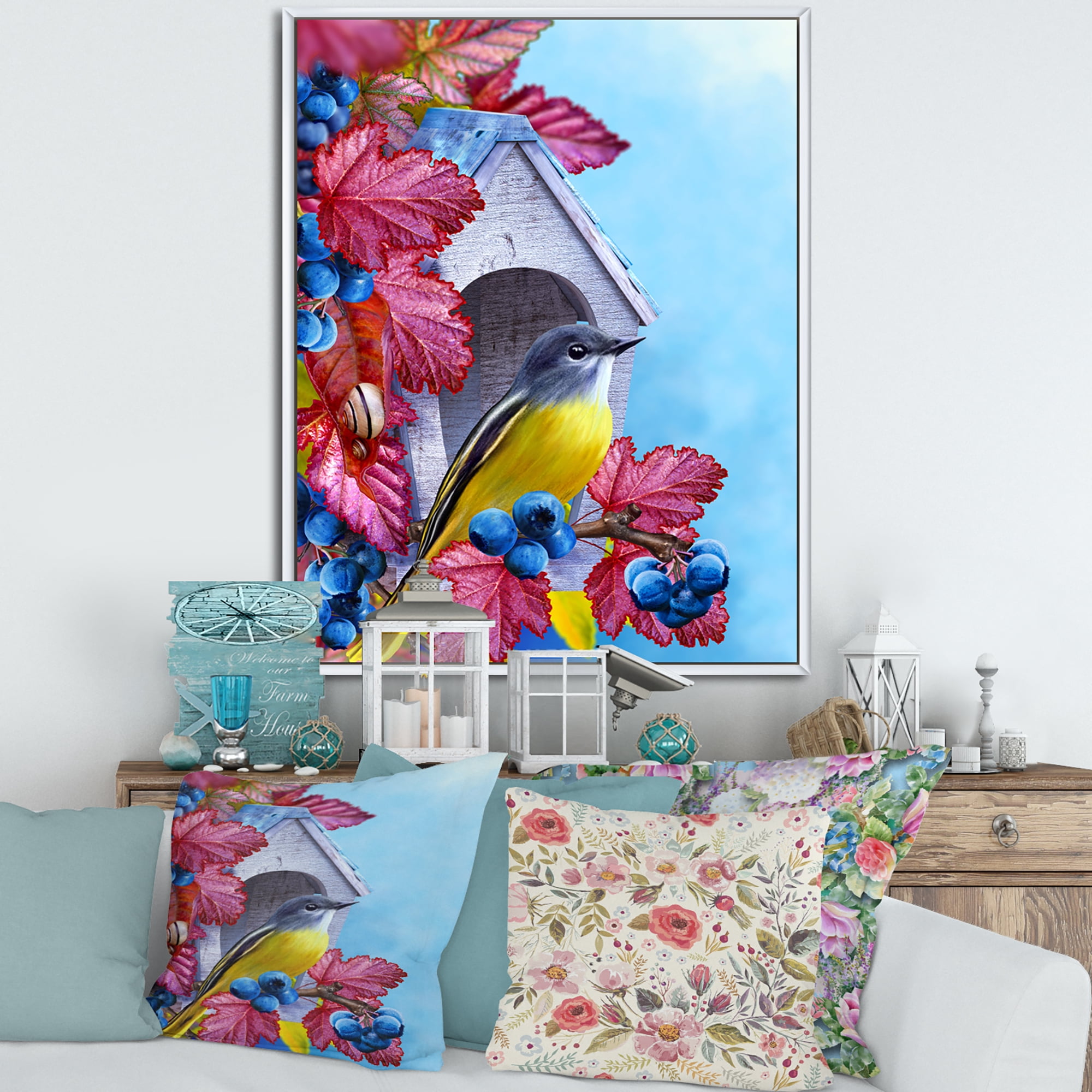 Designart 'Titmouse Bird Sitting On A Berries Branch Near A Birdhouse' Traditional Framed Canvas Wall Art Print