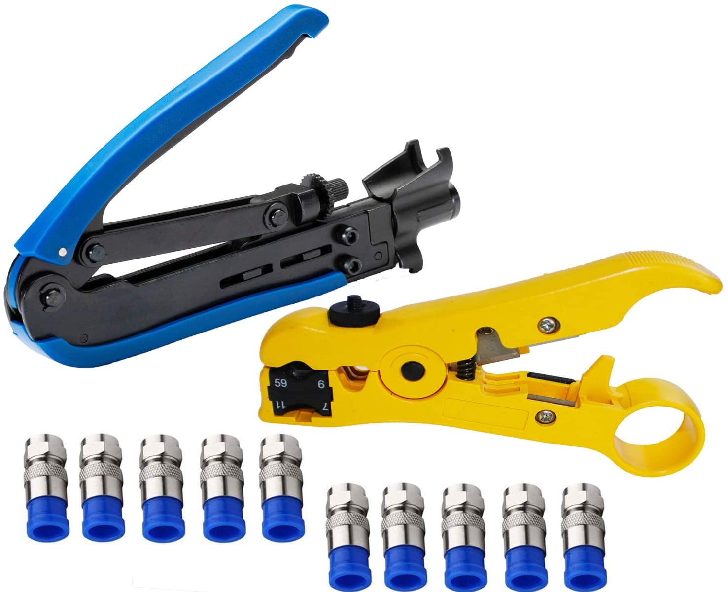 Coax Cable Crimper Kit Tool for RG6 RG59 Coaxial Compression Tool Fitting Wire Stripper with 30 PCS F Compression Connectors 