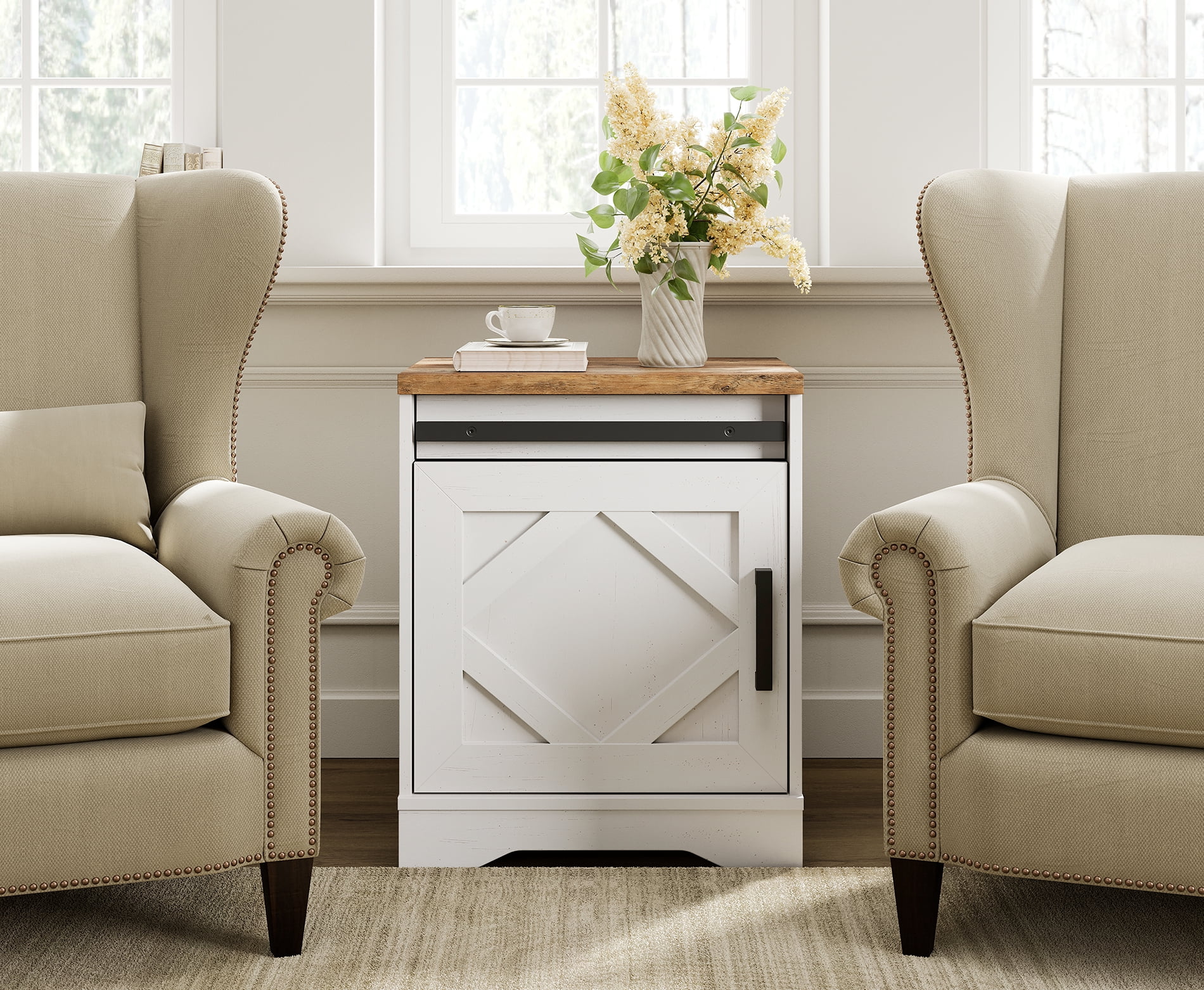 WAMPAT Farmhouse Nightstand,Wooden Bedside Table with Drawer & Cubby, Rustic Drawer Storage Sofa Side Table with Barn Door for Bedroom,Office,Cream White