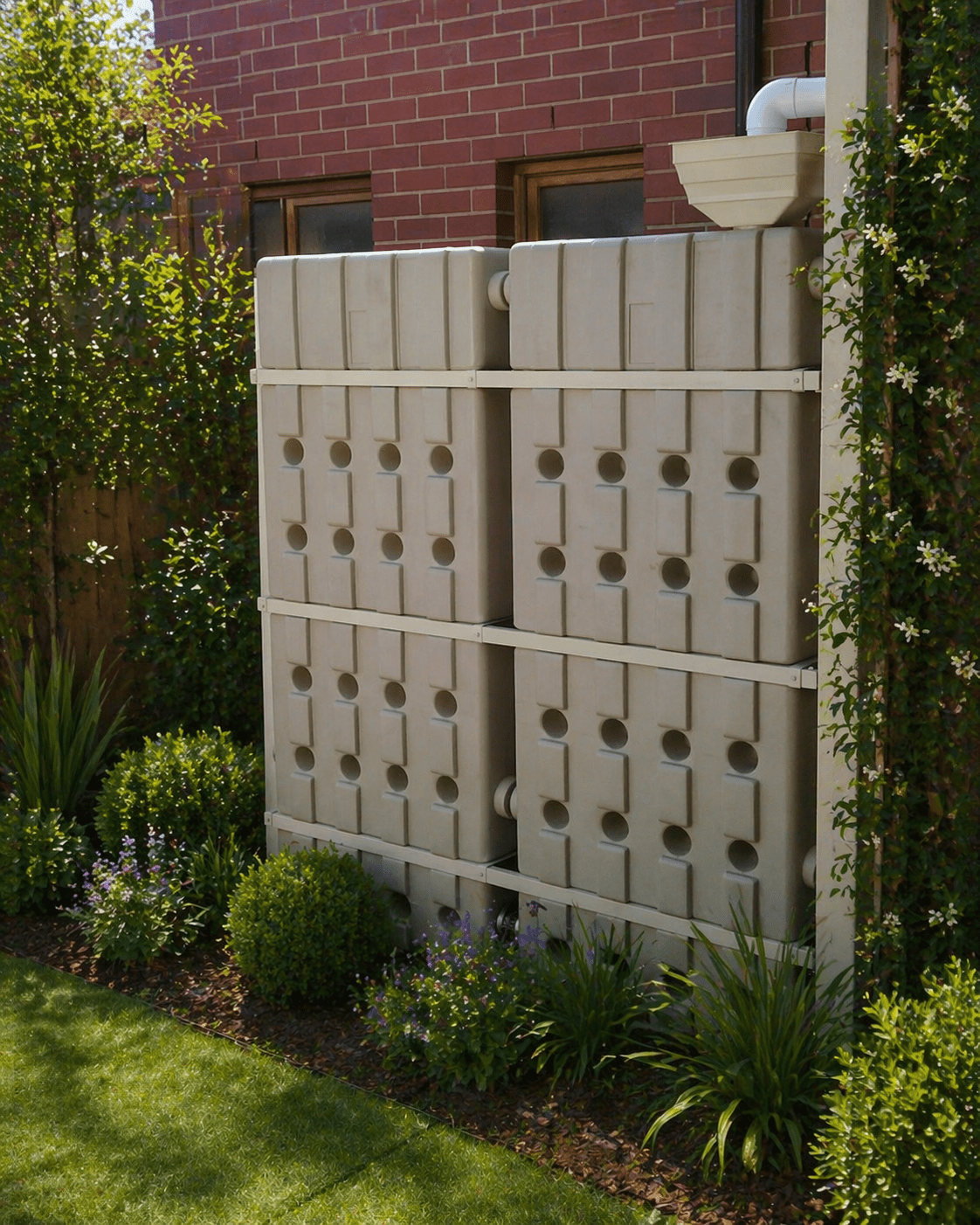 Oziflow Super-Slim Rain Harvesting Tanks 60 gal Beige Expandable Modular Storage Plastic Rain Barrels, UV Resistant, Lifetime Warranty,  Made in USA