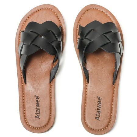 Ataiwee Women s Slide Sandals  Fashion Strappy Braided Slip On Flat Summer Shoes.