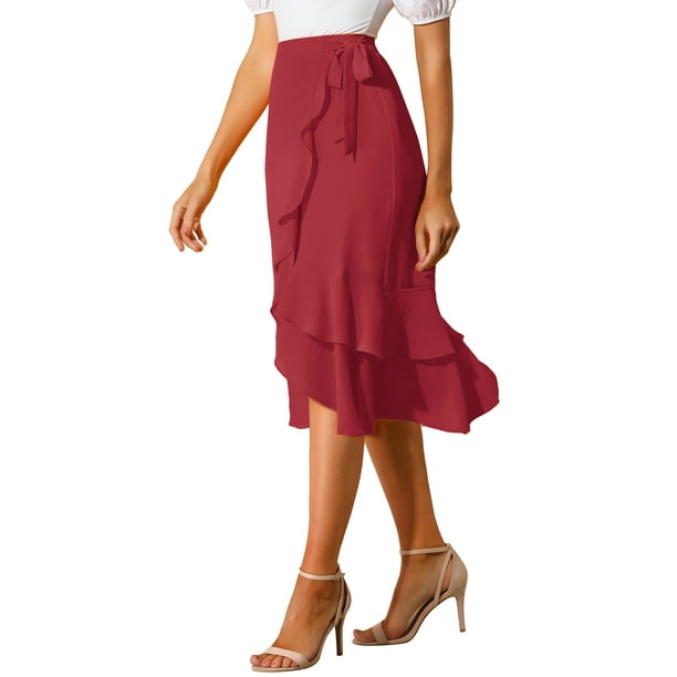 Unique Bargains Women s Ruffle Hem Tie Layers High Waist Summer Chiffon Midi Skirt Red