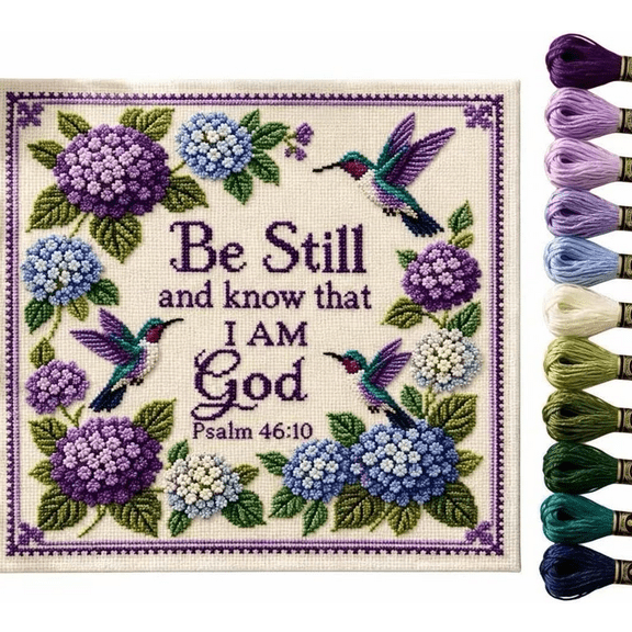 2026 Hummingbird Garden Faith Cross Stitch Kit, Beginner DIY Embroidery Kit with Pre-Printed Fabric, Christian Bible Verse Embroidery Set for Home Decor Gift 1PCS