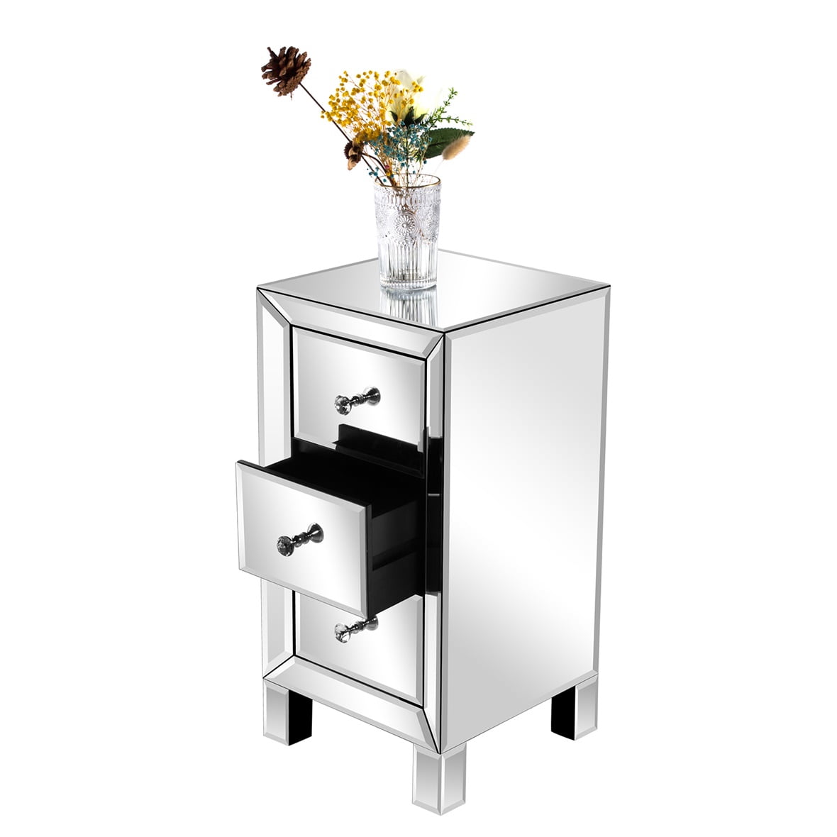 3-Drawer Mirrored Bedside Table MDF Cabinet with Mirrored Drawers, Silver