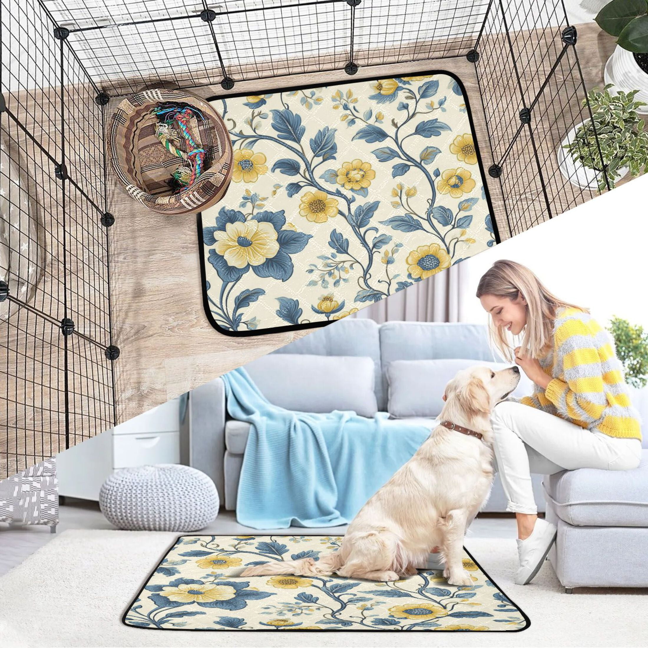 Qxltty Yellow Vintage Floral Pattern Cat litter Pads Pet Set of 3 Diaper Mats Center Anti-leakage Layer Absorbent Soft and Comfortable