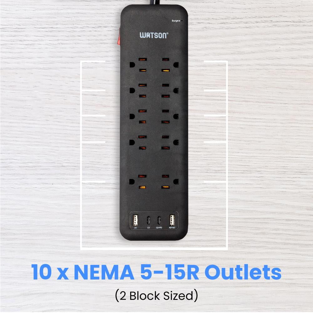 10-Outlet Surge Protector with 2 USB-C & 2 USB-A Ports, 2450 Joules, 6' Cord, LED Indicator – Power Strip for Home and Office Use by Watson(Black)