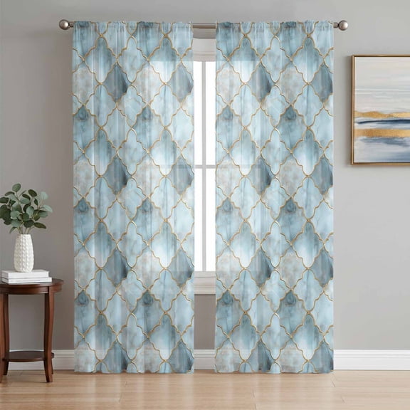Teal Morocco Semi Sheer Curtains 96 Inch Length 2 Panels Set, Modern Abstract Art Contemporary Geometric Sheer Kitchen Curtain Privacy Voile Window Curtain for Living Room Bedroom Rod Pocket Drapes