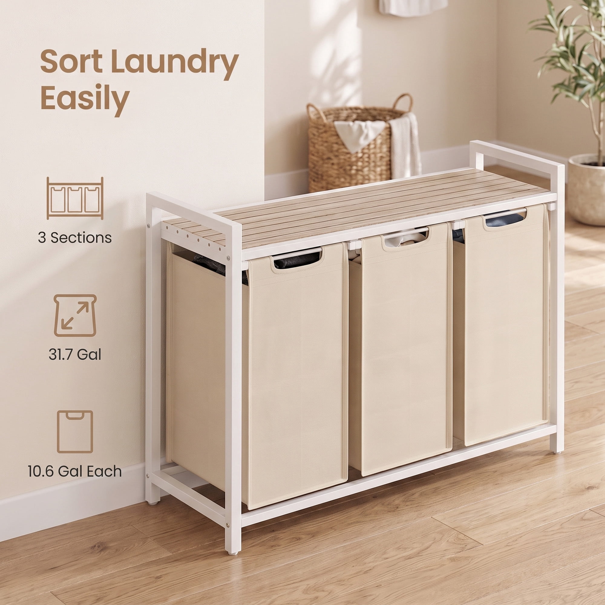 Ledrem 3-Bag Laundry Sorter Hamper with Pull-Out Bags and Shelf,Cappuccino Beige and Natural Beige