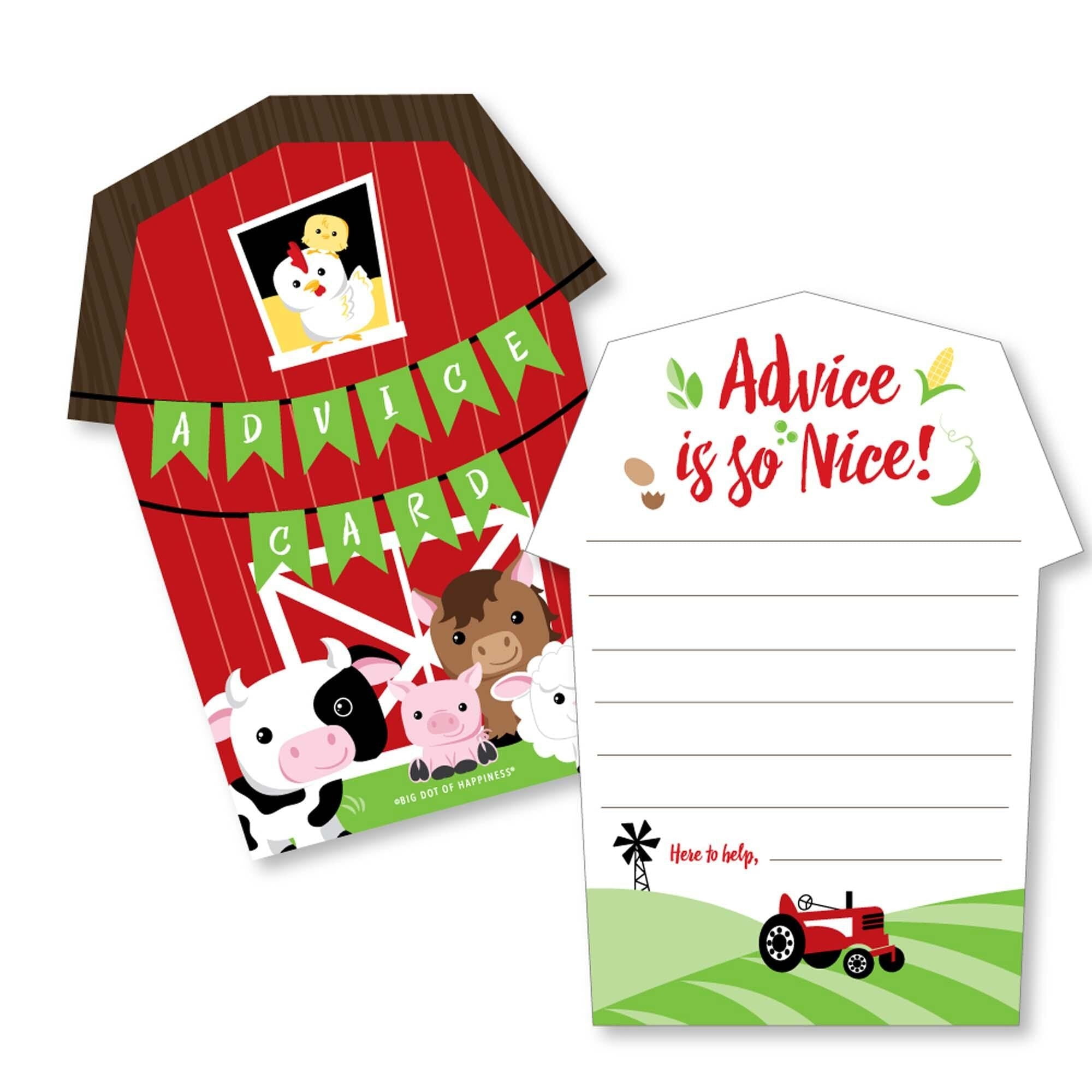 Big Dot of Happiness - Farm Animals - Barn Wish Card Barnyard Baby Shower Activities - Shaped Advice Cards Game - Set of 20