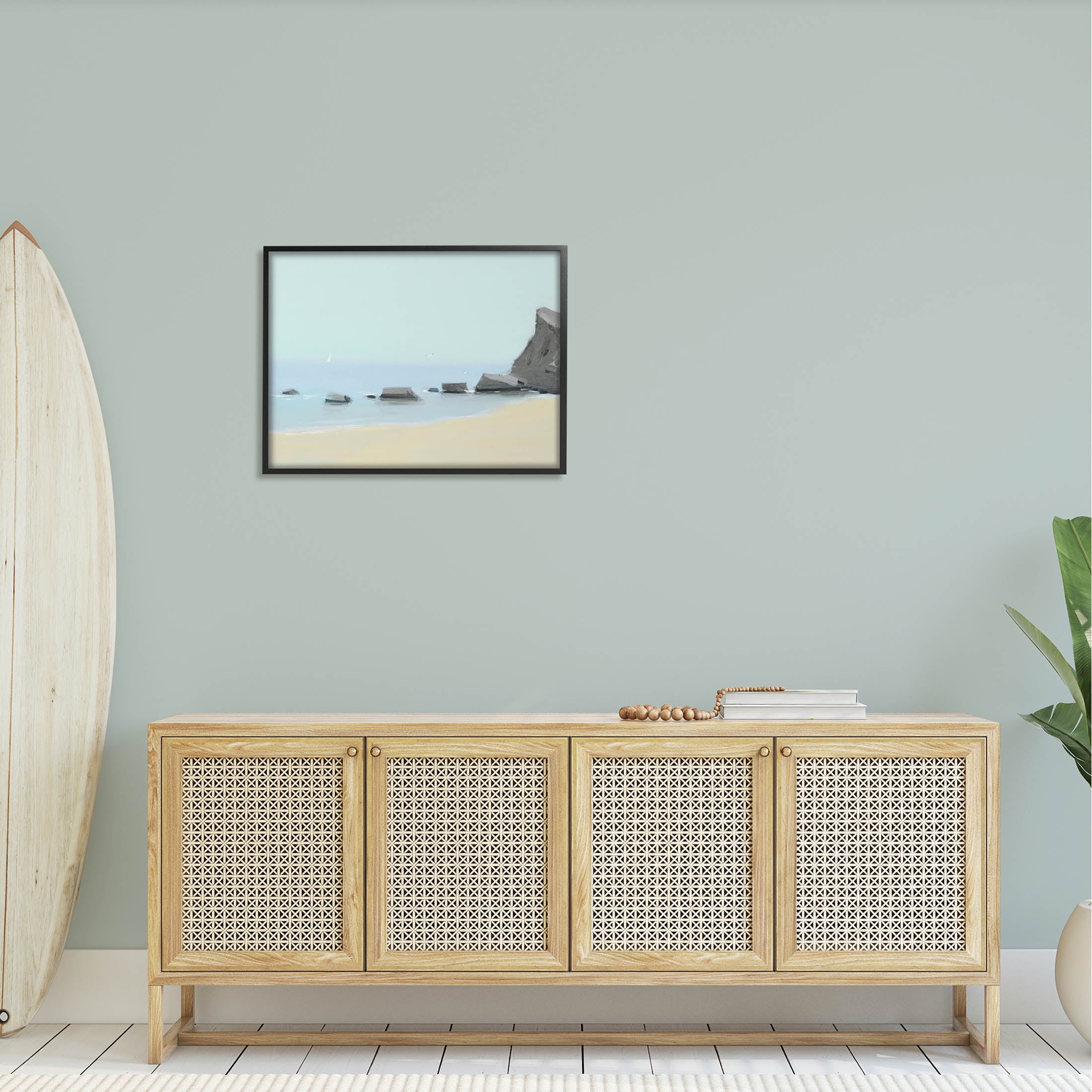 Calm Beach Shore Rocks Coastal Graphic Art Black Framed Art Print Wall Art