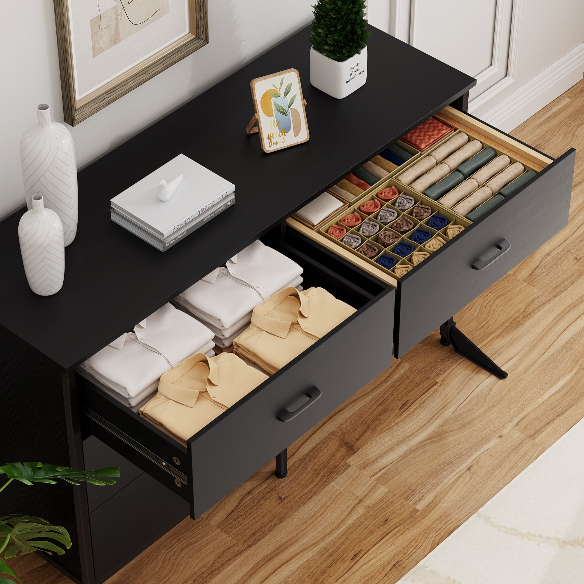 Richya 6 Drawers Dresser for Bedroom, 47.3'' Dressers & Chest of Drawers with Steel Frame, Black