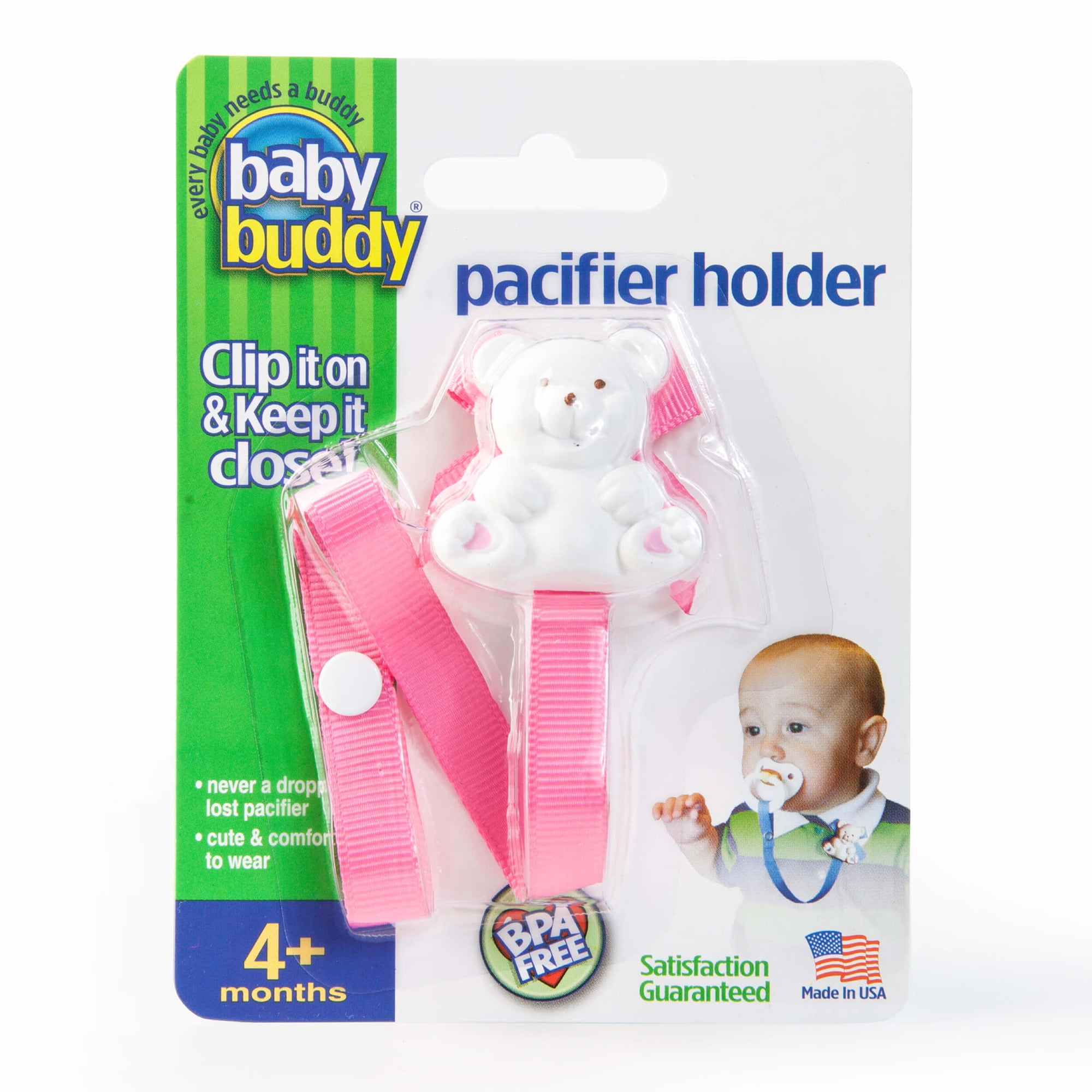 Baby Buddy Pacifier Holder Clip- Cute Fashionable Bear Clips onto Babys Shirt, Snaps to Paci, Teether, Toys, Pink, 1pk