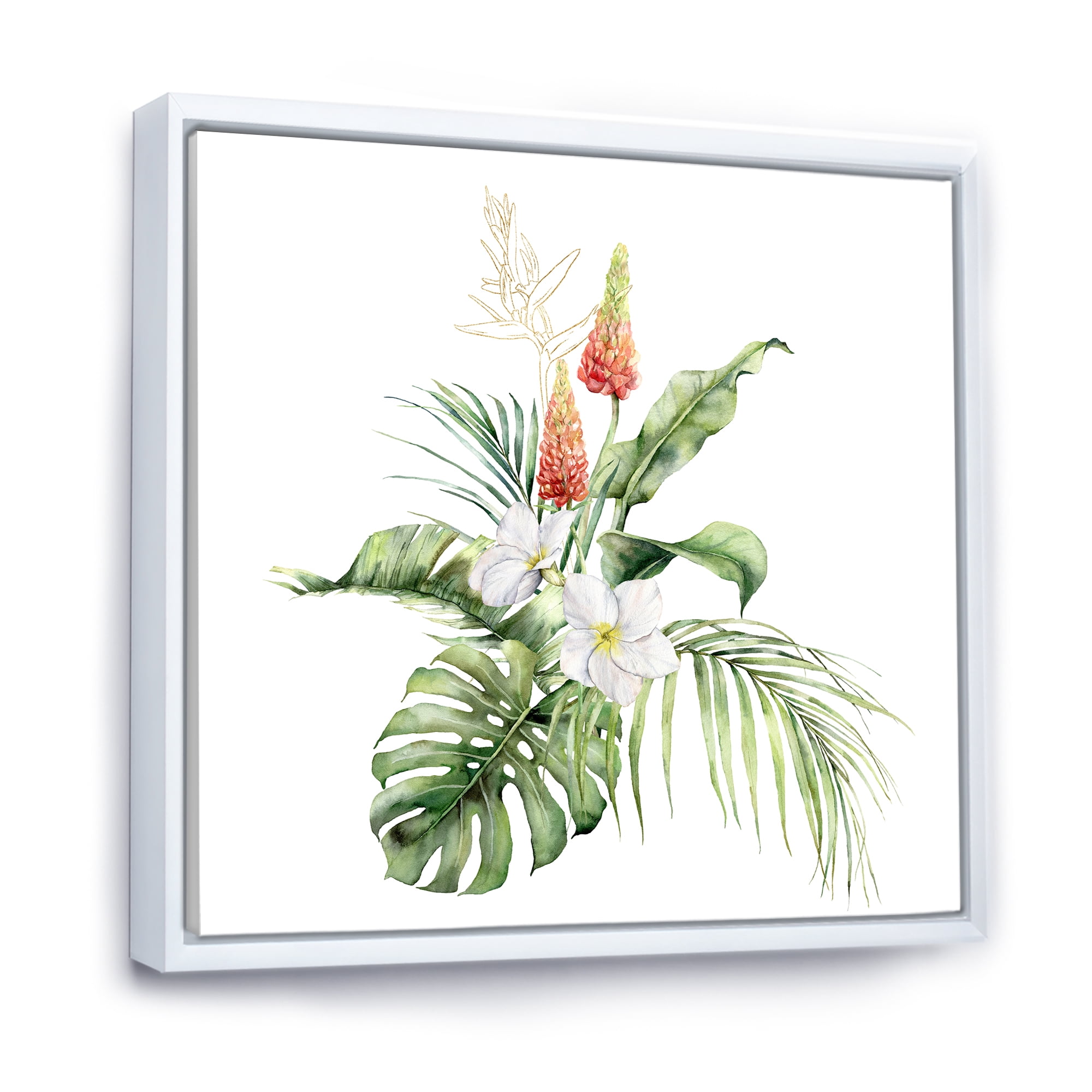 Tropical Bouquet With Plumeria Lupine Palm Leaves 16 in x 16 in Framed Painting Canvas Art Print, by Designart