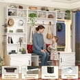 thumbnail image 3 of Blotout 86.6'' Wide LED Farmhouse Hall Tree with Bench and Shoe Storage, Entryway Bench with Coat Rack, 3-Color LED Mirror, Shoe Shelves & Umbrella Holder, Extra-Large Mudroom/Hallway Storage, 3 of 10
