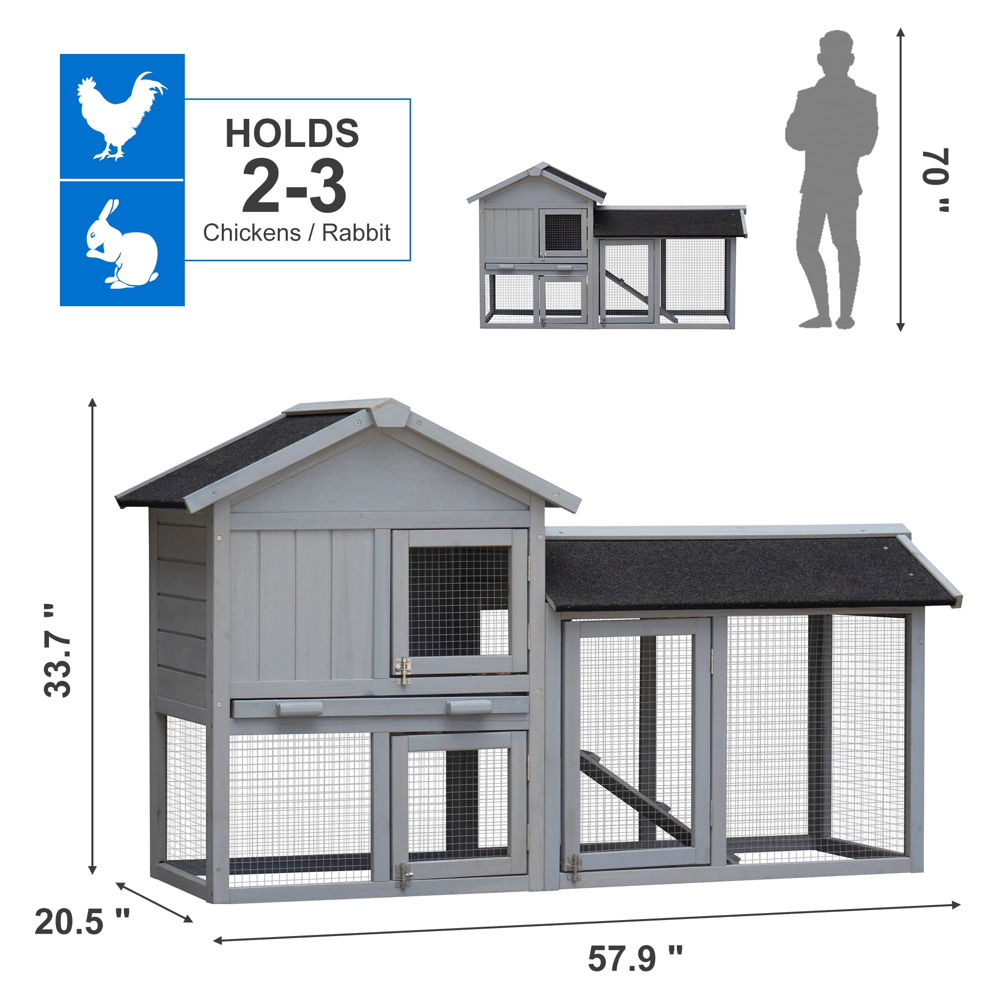 Pefilos 58" Wood Rabbit Cage Bunny Hutch with Run, Outdoor Pet House for Small Animals, Gray Pefilos 58" Wood Rabbit Cage Bunny Hutch with Run, Outdoor Pet House for Small Animals, Gray