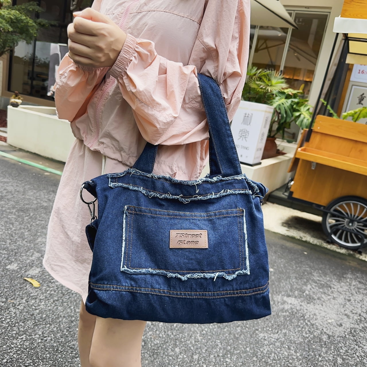 【Anyone more】Ketty Denim Long One Piece Crossbag Set Quarryus Denim Tote Bag for Women Large Tote Bag with Zipper