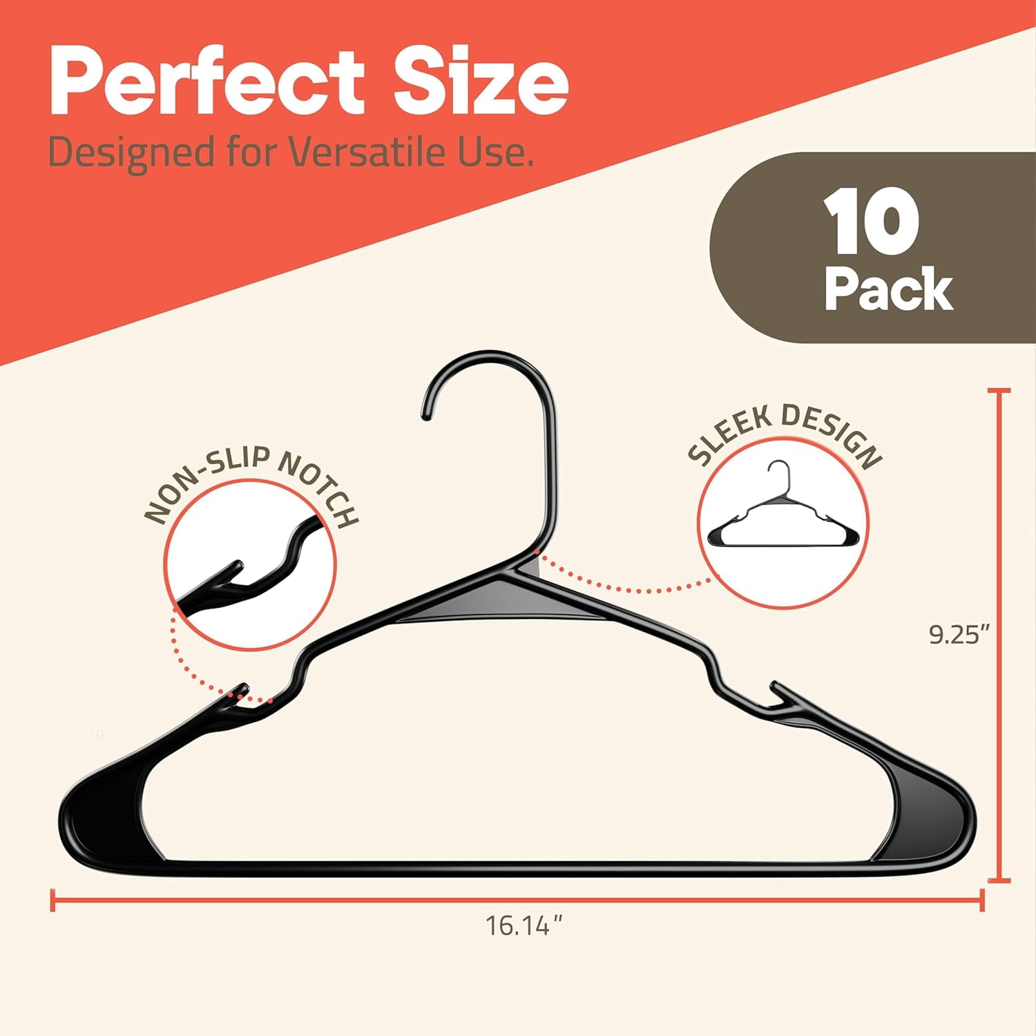 Black Plastic hangers 10 Pack– Heavy-Duty Plastic Hangers Slim and Space-Saving Hangers, Durable & Lightweight PP Hangers with Non-Slip Shoulder Notches for Slip Dresses, Suits, Jackets & Camisoles