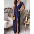 thumbnail image 5 of Women'S Deep V Neck Solid Color Pleated High Waist Slit Club Party Evening Long Maxi Dress Dark Blue XXL, 5 of 7
