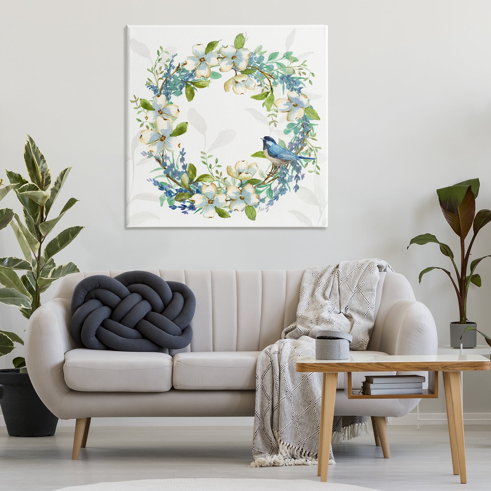 Stupell Industries Dogwood Wreath & Bluebirds Plants & Flowers Painting Wrapped Canvas Art Print Wall Art, 36 x 36