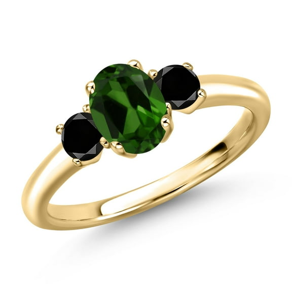 Gem Stone King 10K Yellow Gold Green Chrome Diopside and Black Diamond Engagement Ring for Women | 1.04 Cttw | Oval 7X5MM | Gemstone Birthstone | Size 8